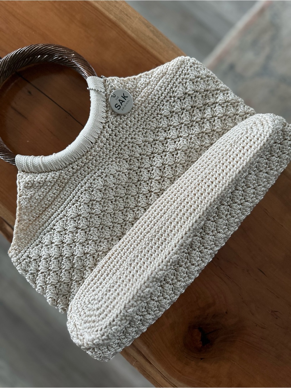 The Sak Cream Crochet Ring-Handle Tote with Brown Wooden Handles - Picture 5 of 9